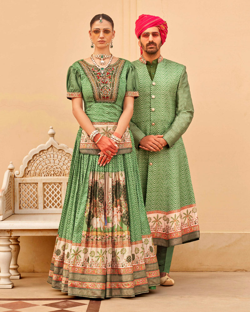 Green Printed Kurta Skirt and Men Indowestern Kurta Set
