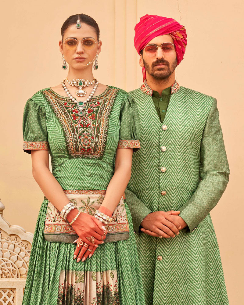 Green Printed Kurta Skirt and Men Indowestern Kurta Set