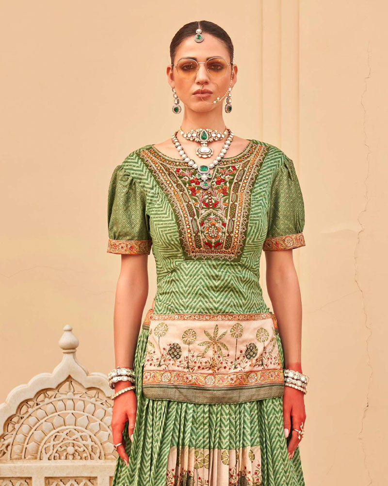 Green Printed Kurta Skirt and Men Indowestern Kurta Set