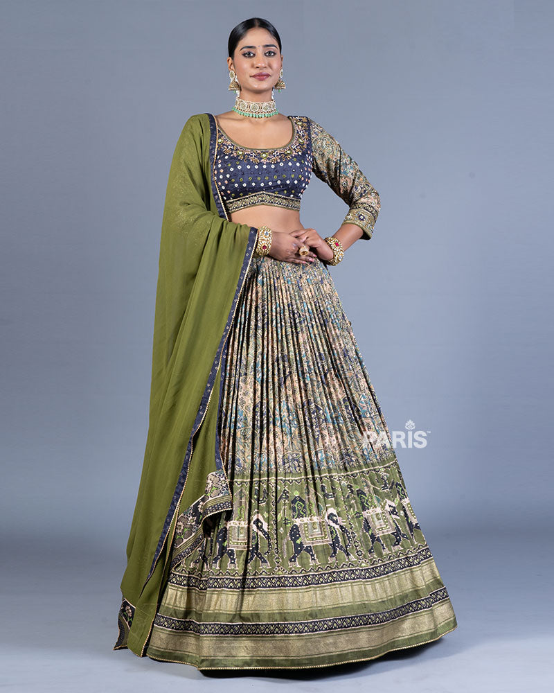 Green Floral Print Lehenga Blue Choli with Dupatta 01