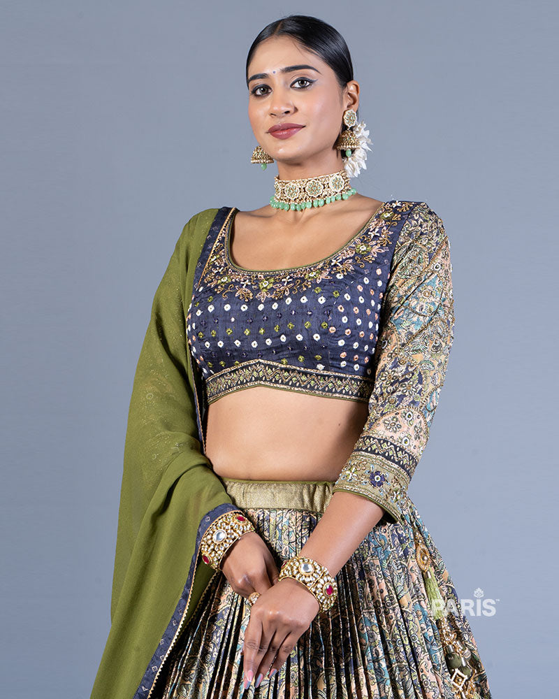 Green Floral Print Lehenga Blue Choli with Dupatta 02
