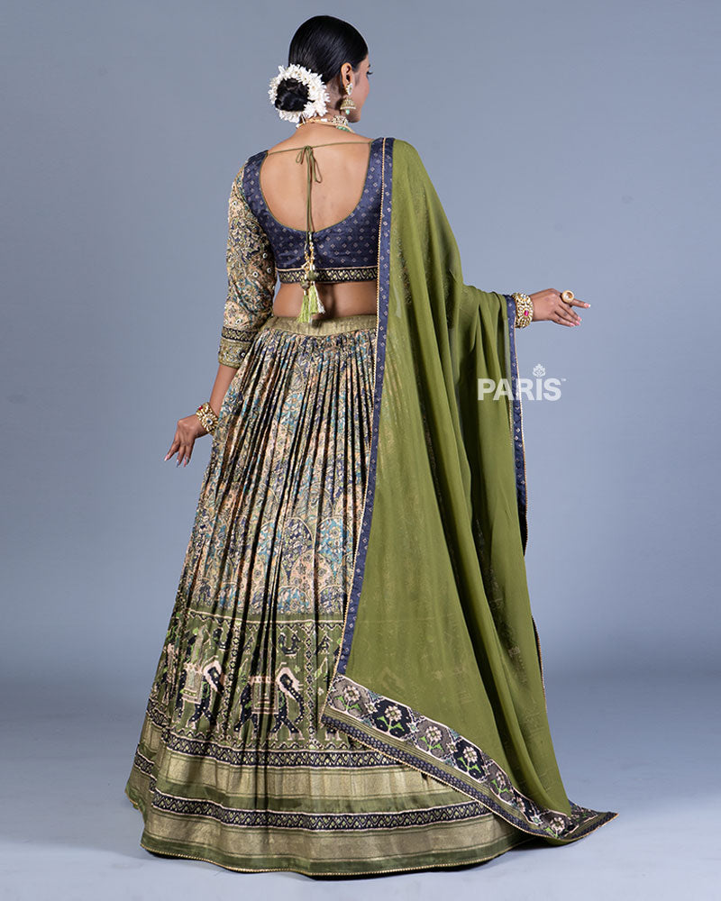 Green Floral Print Lehenga Blue Choli with Dupatta 03