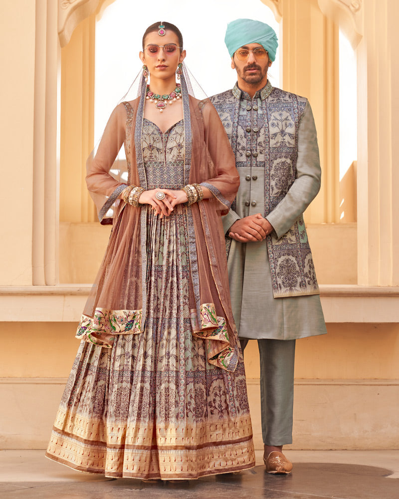 Grey Anarkali Dress and Men Blue Kurta Set with Printed Coat