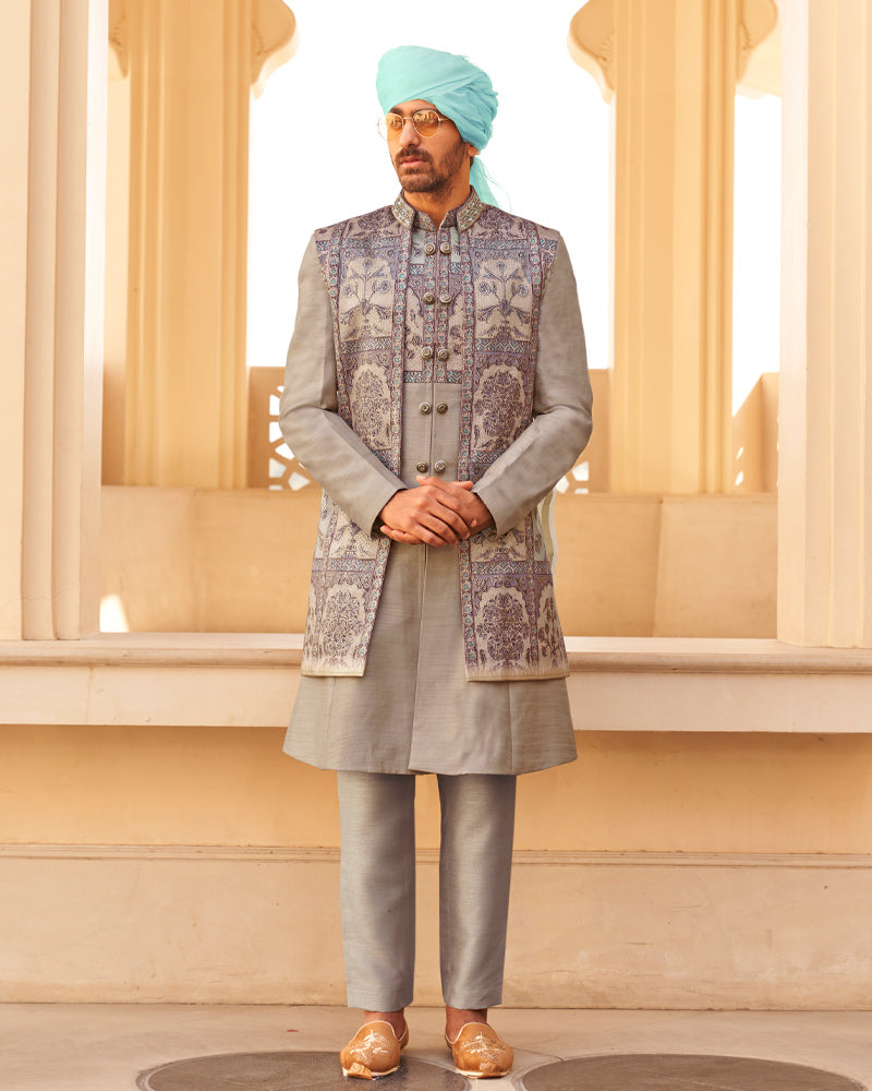 Grey Anarkali Dress and Men Blue Kurta Set with Printed Coat