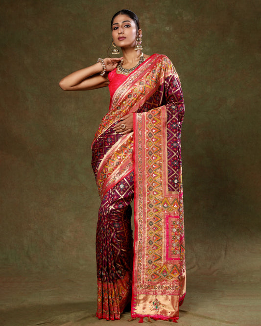 Wine colour Banarasi Silk Saree with Red Border and Unstitched Blouse Piece
