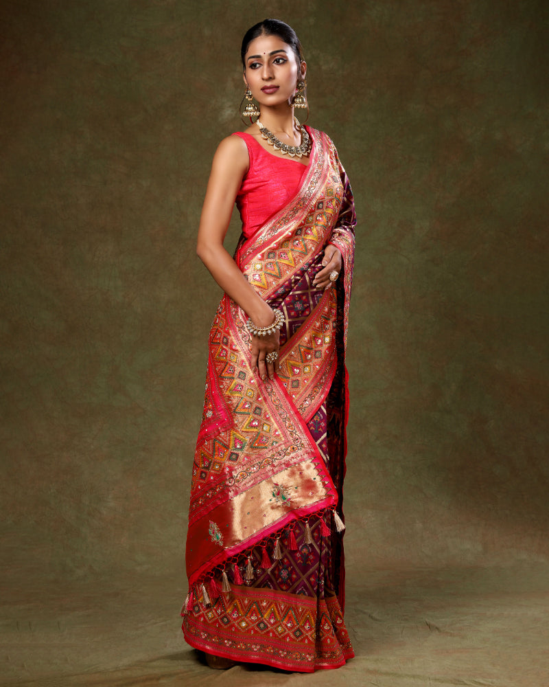Wine colour Banarasi Silk Saree with Red Border and Unstitched Blouse Piece
