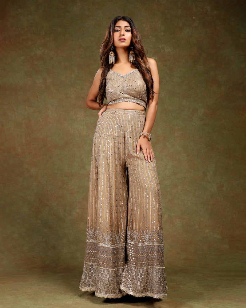 Brown Flared Palazzo with blouse and dupatta