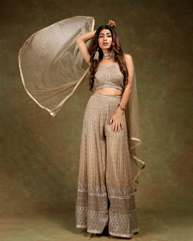 Brown Flared Palazzo with blouse and dupatta