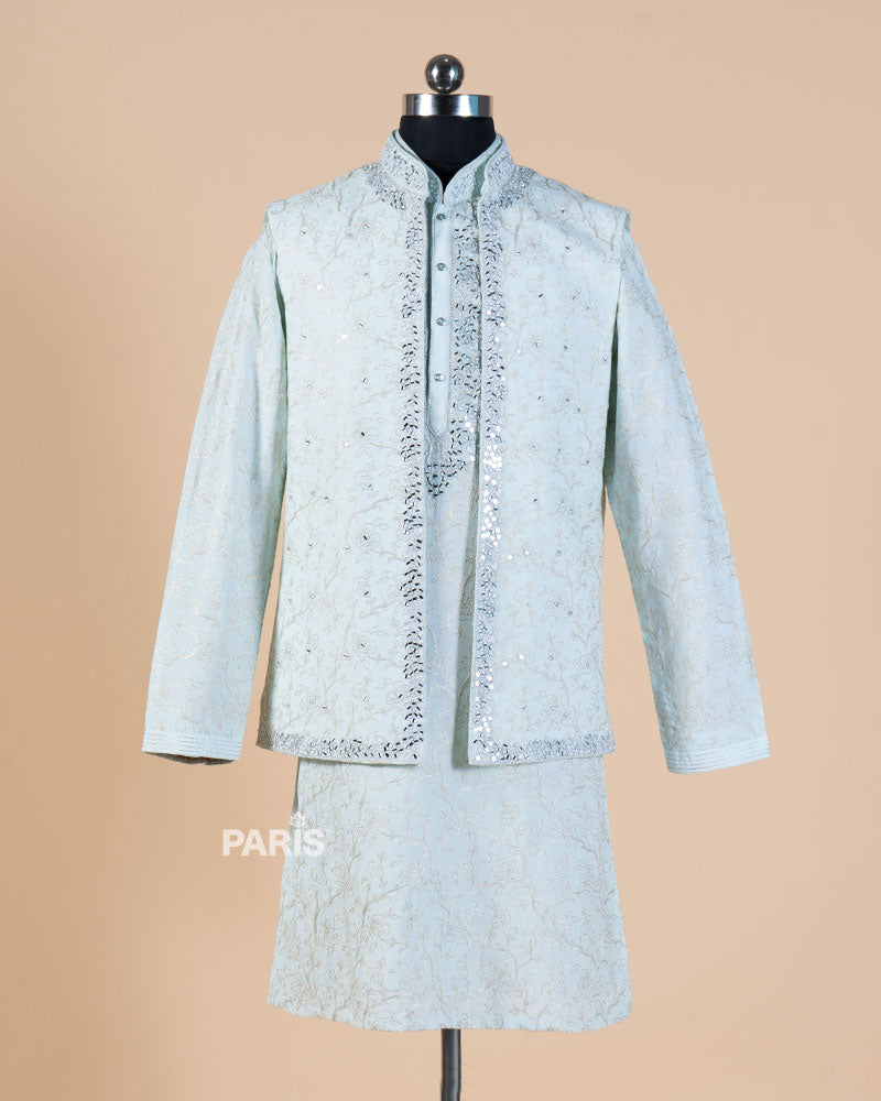 Irish Mint Embellished Jacket Kurta Set with Pajama 01