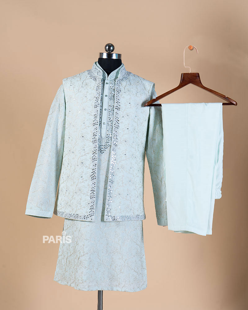 Irish Mint Embellished Jacket Kurta Set with Pajama 04