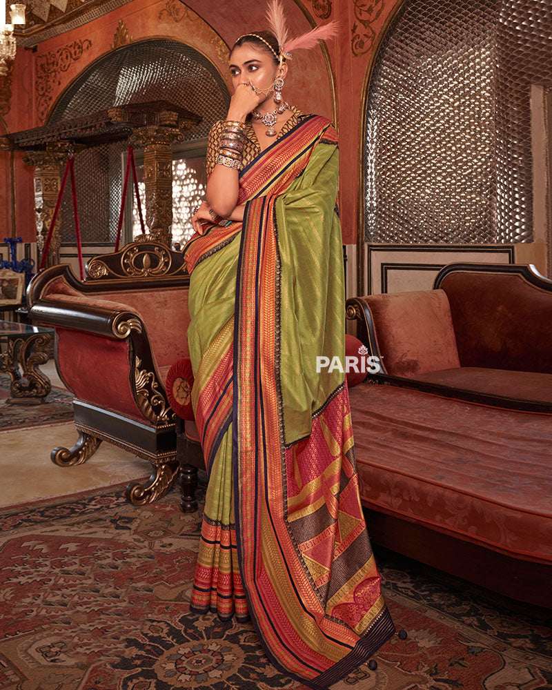 Olive Green Kanjivaram Silk Saree with Unstitched Blouse