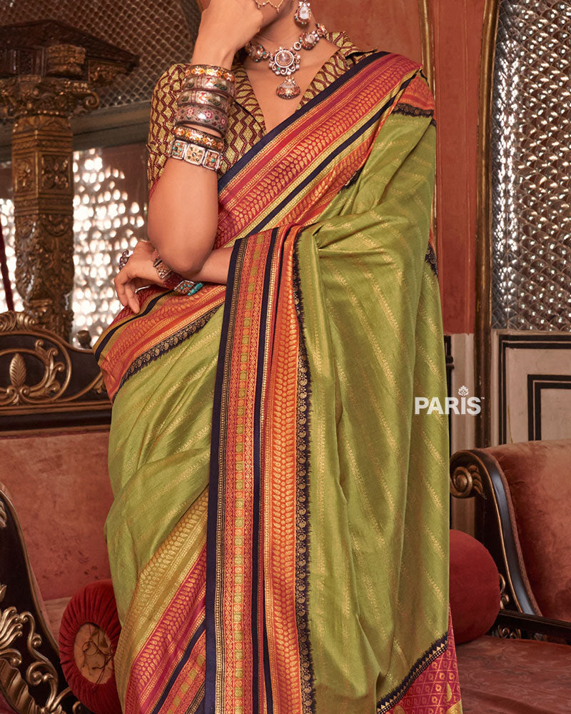 Olive Green Kanjivaram Silk Saree with Unstitched Blouse