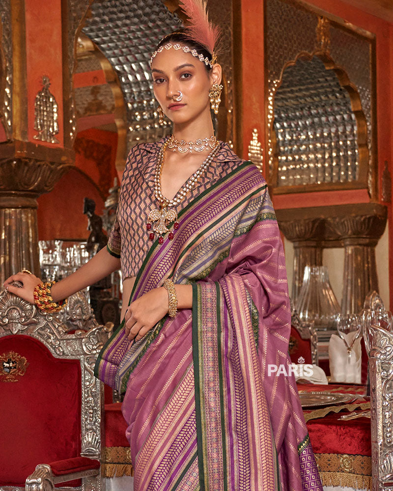 Tulip Pink Kanjivaram Silk Saree with Unstitched Blouse