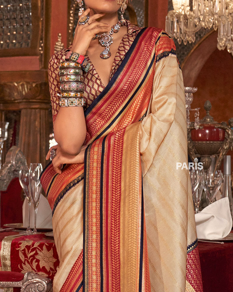 Cream Kanjivaram Silk Saree with Unstitched Blouse