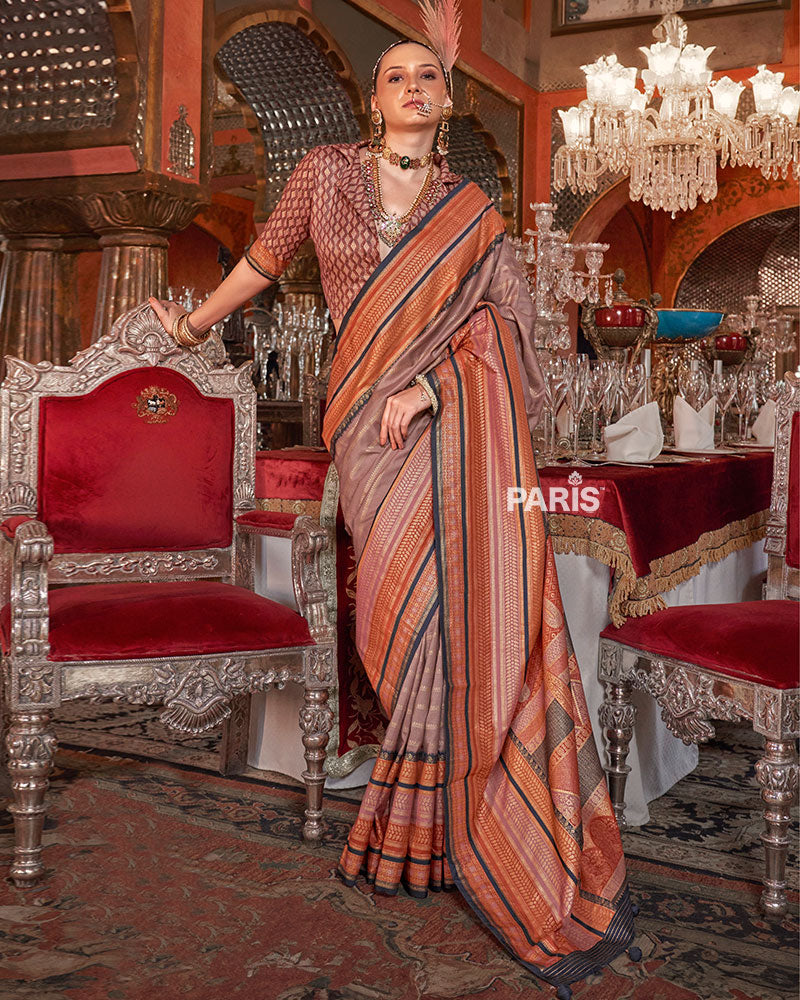 Dusty Rose Kanjivaram Silk Saree with Unstitched Blouse
