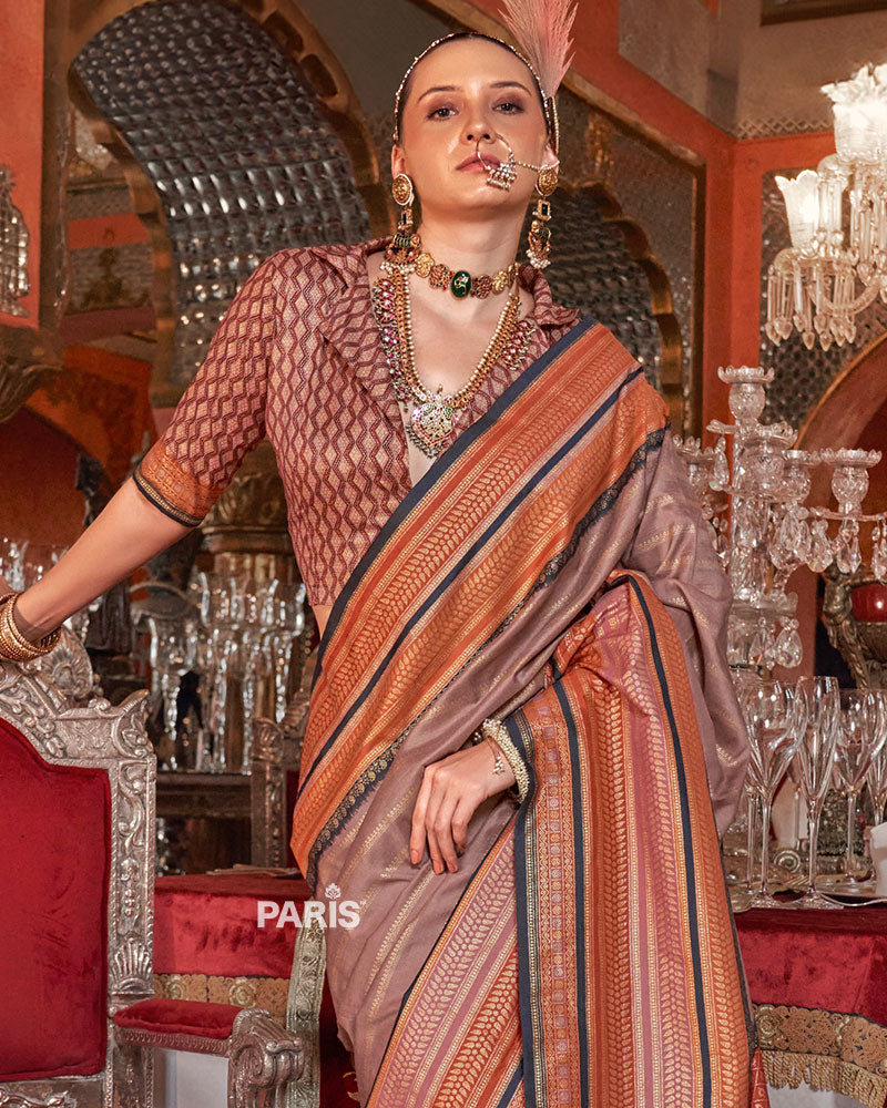 Dusty Rose Kanjivaram Silk Saree with Unstitched Blouse