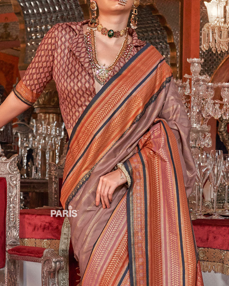 Dusty Rose Kanjivaram Silk Saree with Unstitched Blouse
