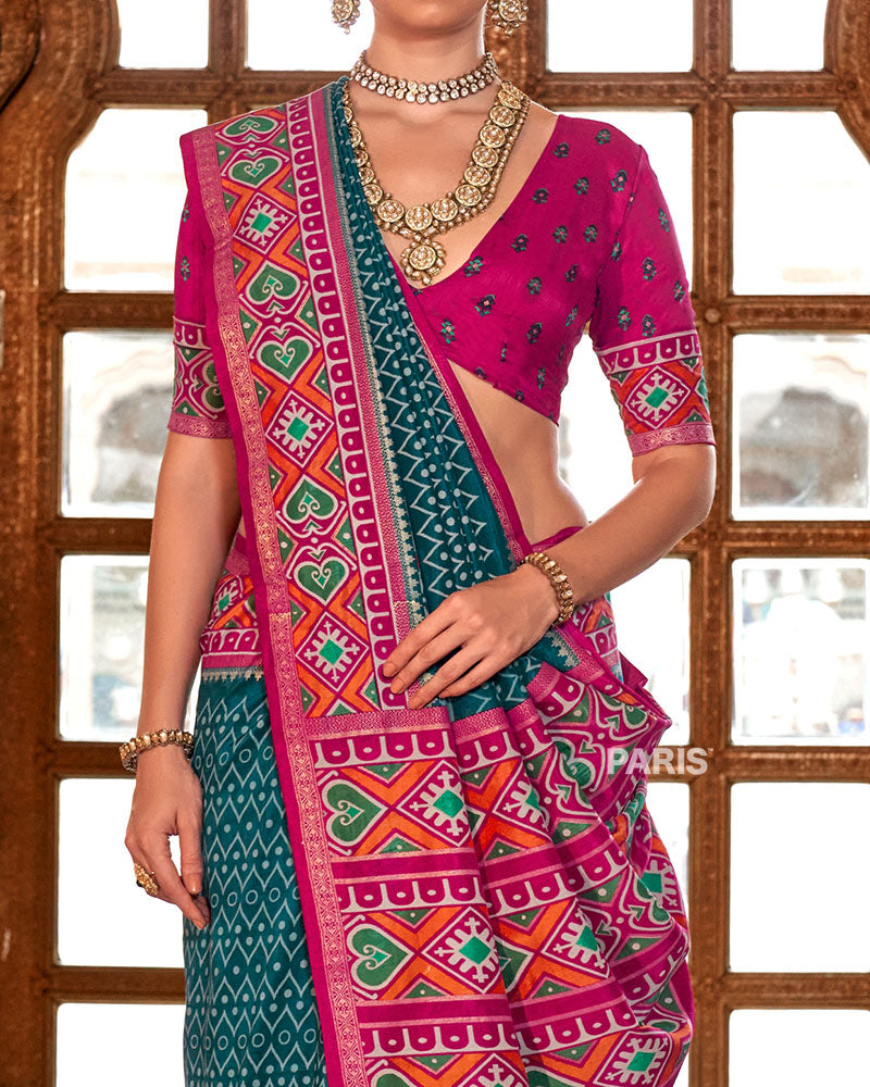 Cyan Patola Silk Saree – Trendy Printed Saree for Festive Looks