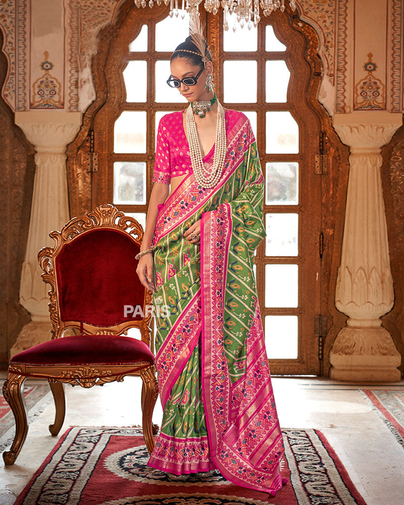 Moss Green Patola Silk Saree – Ethnic Printed Saree Trend