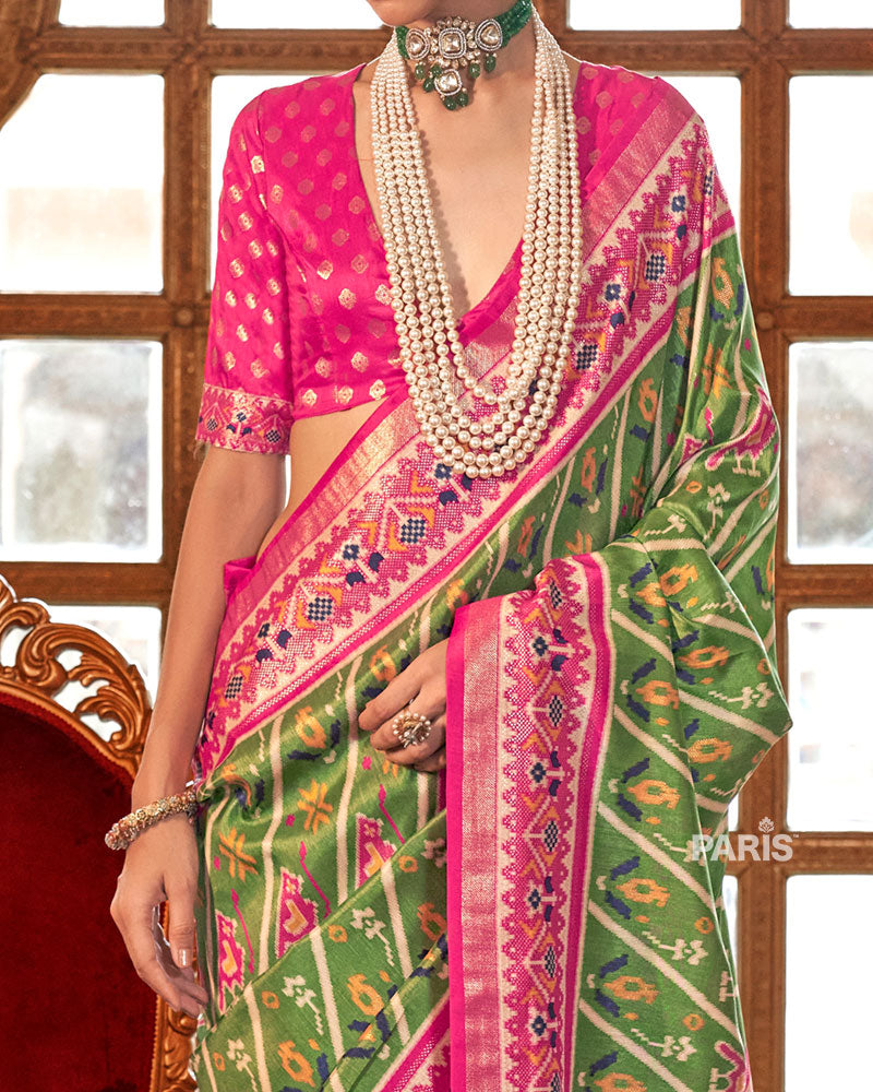 Moss Green Patola Silk Saree – Ethnic Printed Saree Trend