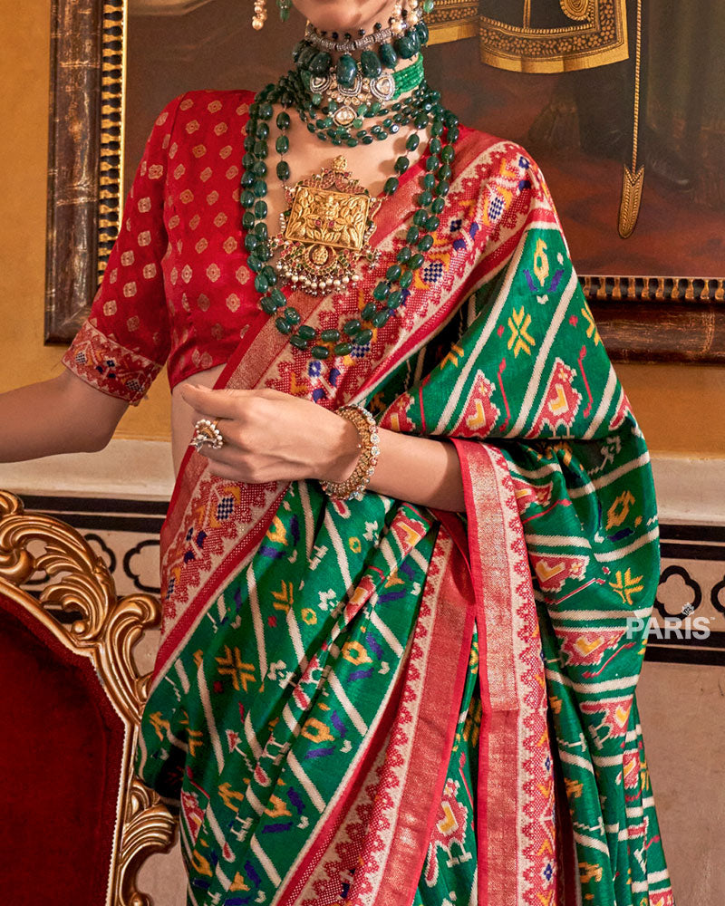 Dark Green Patola Silk Saree – Trendy Printed Saree for Festive Wear