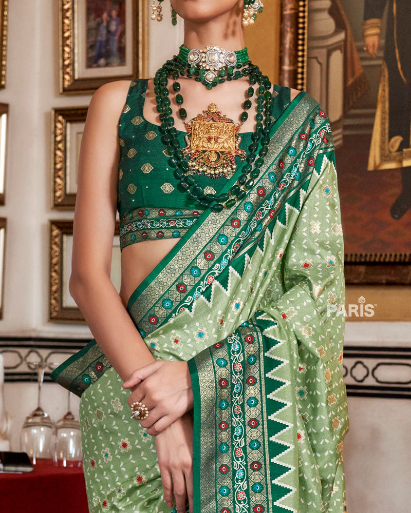 Elegant Sage Green Silk Saree with Teal Floral Border