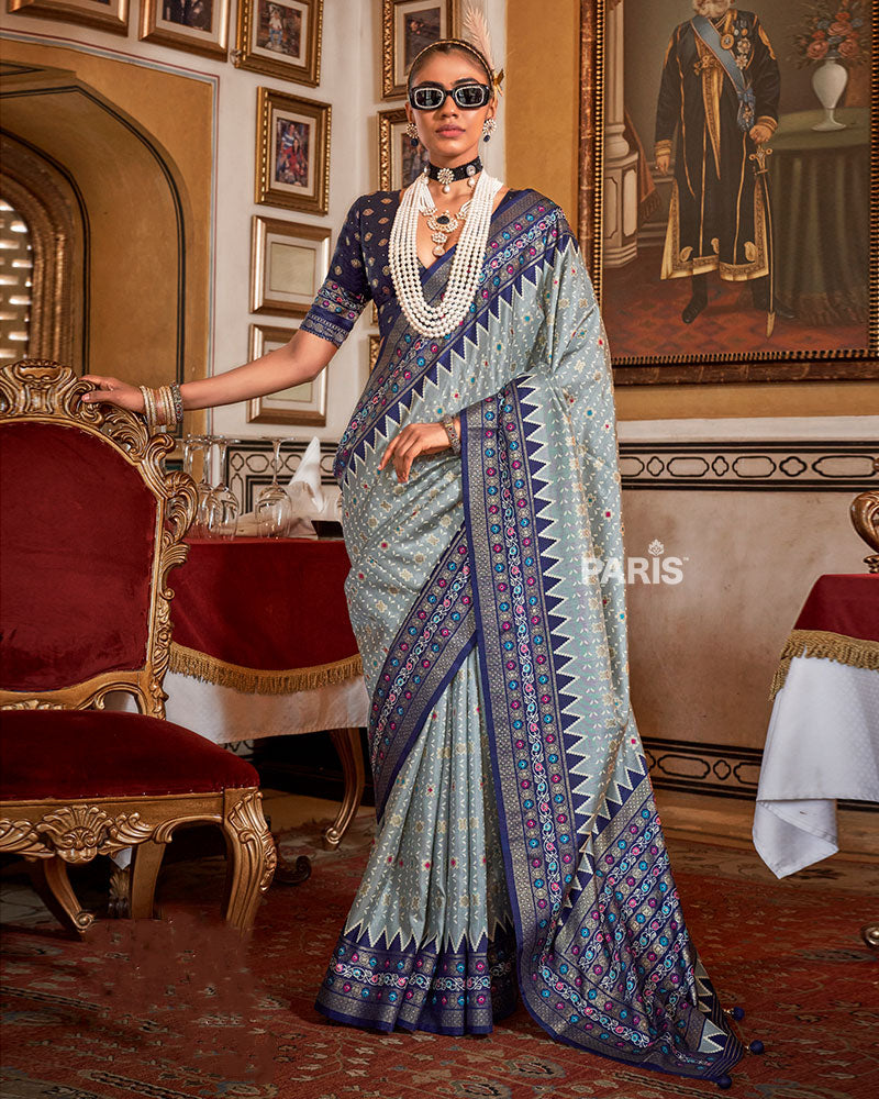 Light Gray Silk Saree with Navy Floral Printed Border