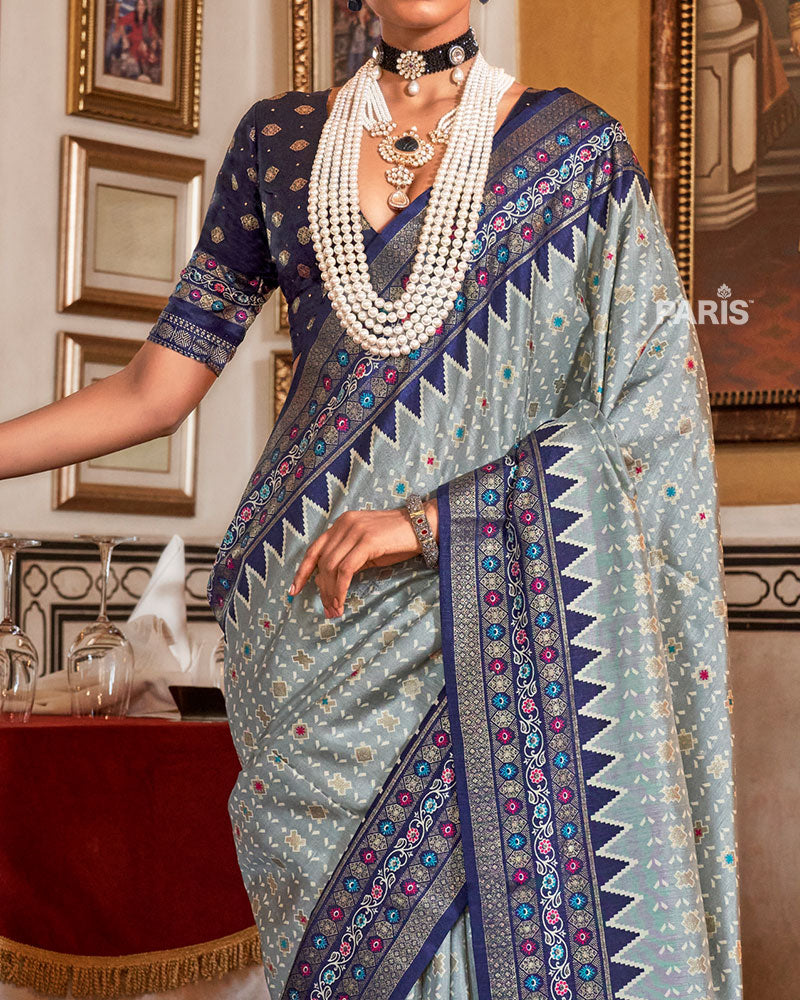 Light Gray Silk Saree with Navy Floral Printed Border