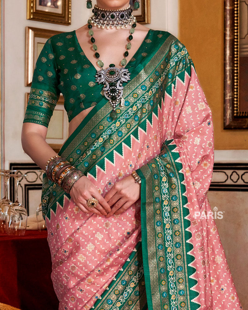 Pink with Green Floral Motifs Printed Border Saree and Blouse