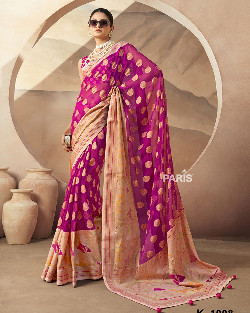 Pink with Golden Polka Dots, Nature-Inspired Print Border Georgette Saree and Unstitched Blouse