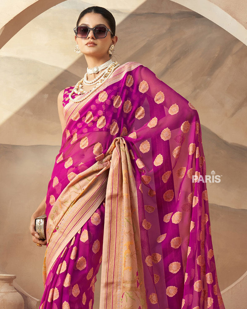 Pink with Golden Polka Dots, Nature-Inspired Print Border Georgette Saree and Unstitched Blouse