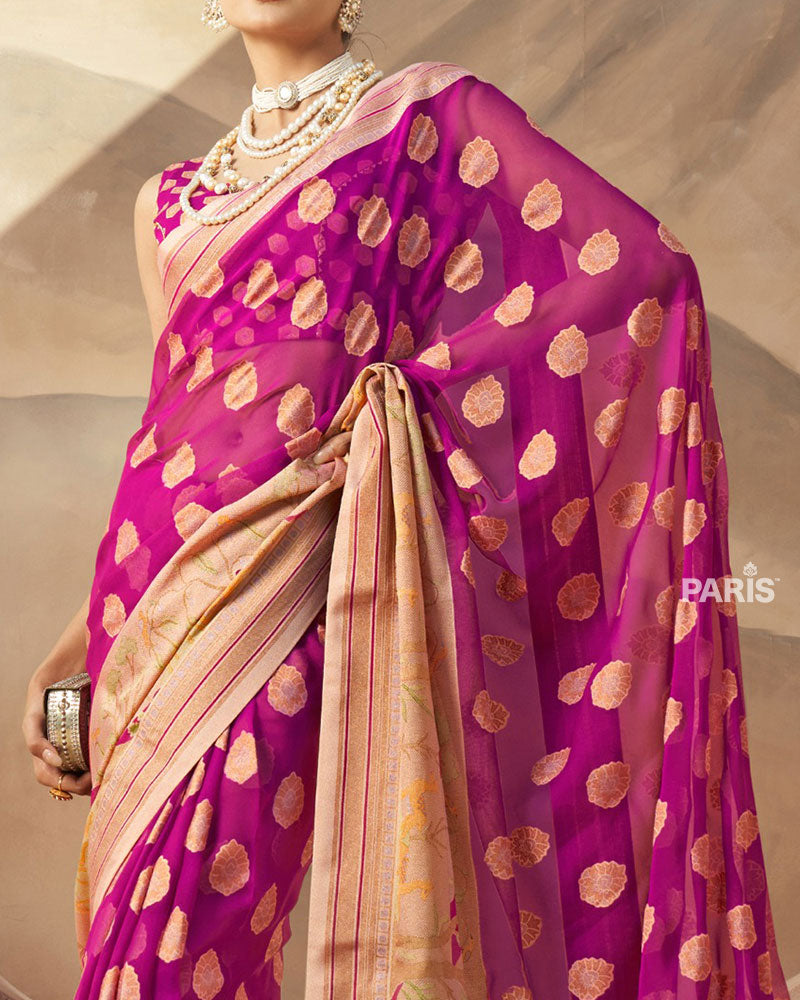 Pink with Golden Polka Dots, Nature-Inspired Print Border Georgette Saree and Unstitched Blouse
