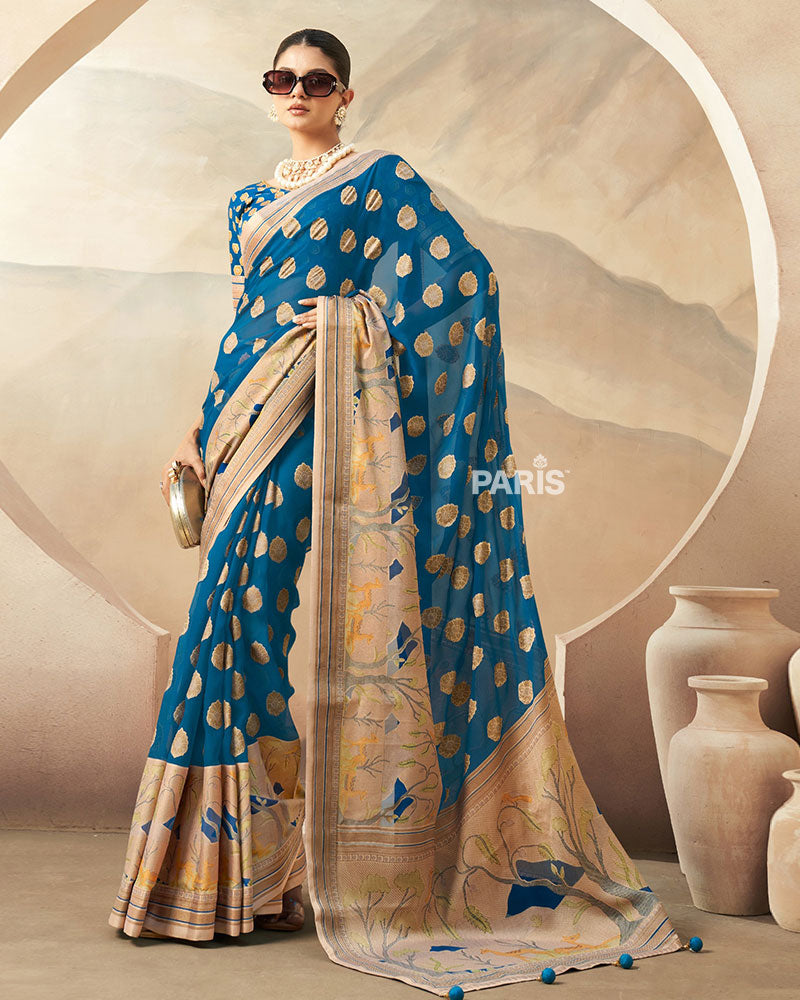 Blue with Golden Polka Dots, Nature-Inspired Print Border Georgette Saree and Unstitched Blouse