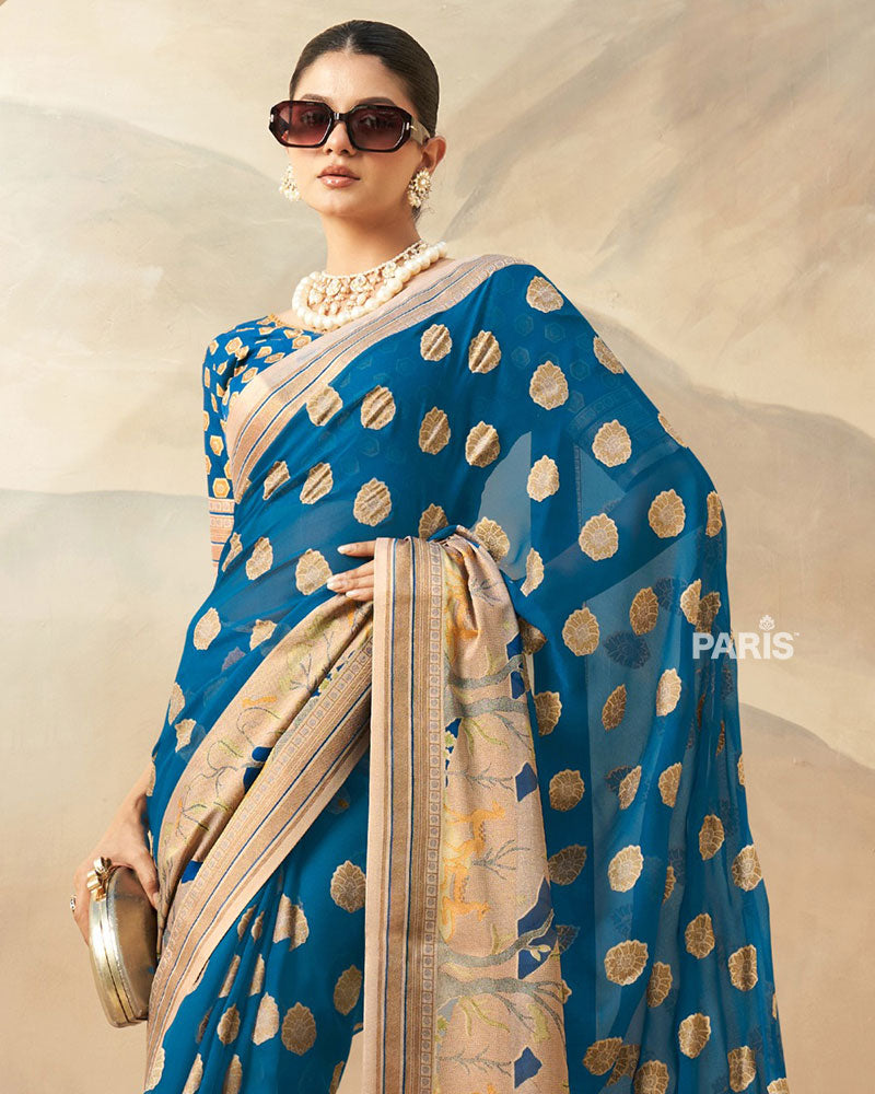 Blue with Golden Polka Dots, Nature-Inspired Print Border Georgette Saree and Unstitched Blouse