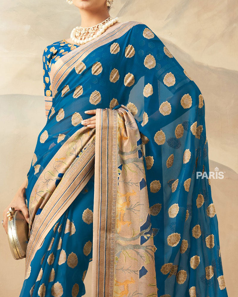 Blue with Golden Polka Dots, Nature-Inspired Print Border Georgette Saree and Unstitched Blouse
