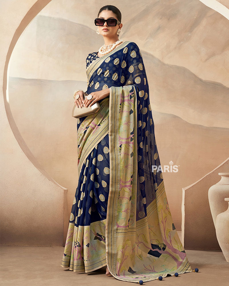 Navy Blue with Golden Polka Dots, Nature-Inspired Print Border Georgette Saree and Unstitched Blouse