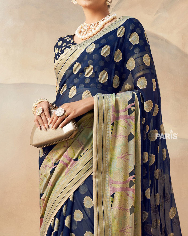 Navy Blue with Golden Polka Dots, Nature-Inspired Print Border Georgette Saree and Unstitched Blouse