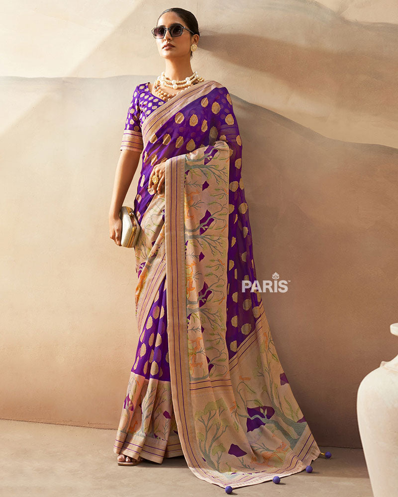 Purple with Golden Polka Dots, Nature-Inspired Print Border Georgette Saree and Unstitched Blouse