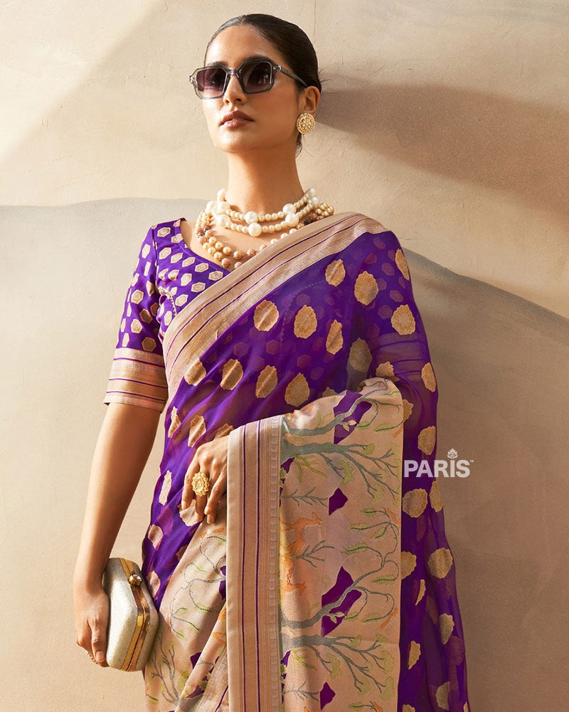 Purple with Golden Polka Dots, Nature-Inspired Print Border Georgette Saree and Unstitched Blouse