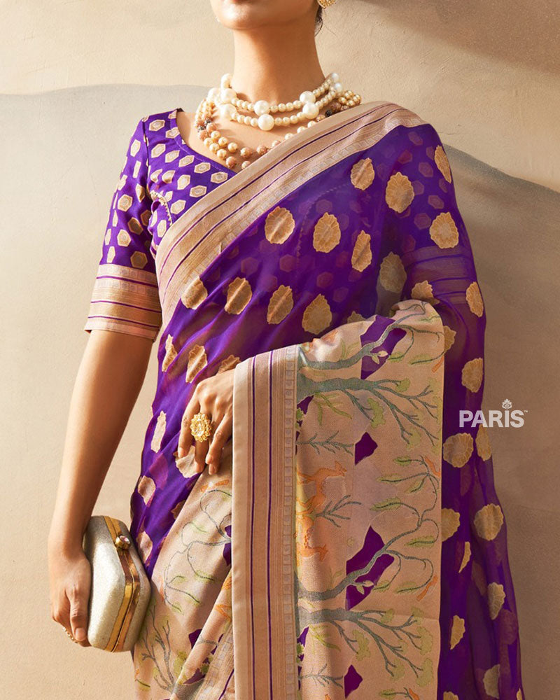 Purple with Golden Polka Dots, Nature-Inspired Print Border Georgette Saree and Unstitched Blouse
