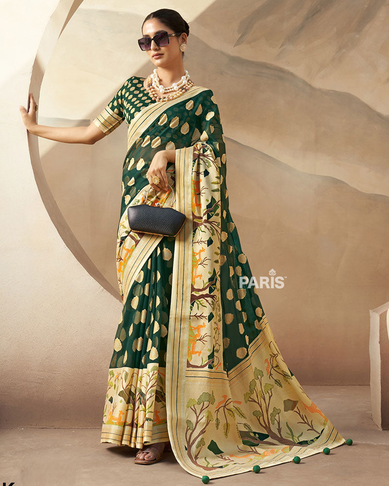 Dark Green with Golden Polka Dots, Nature-Inspired Print Border Georgette Saree and Unstitched Blouse