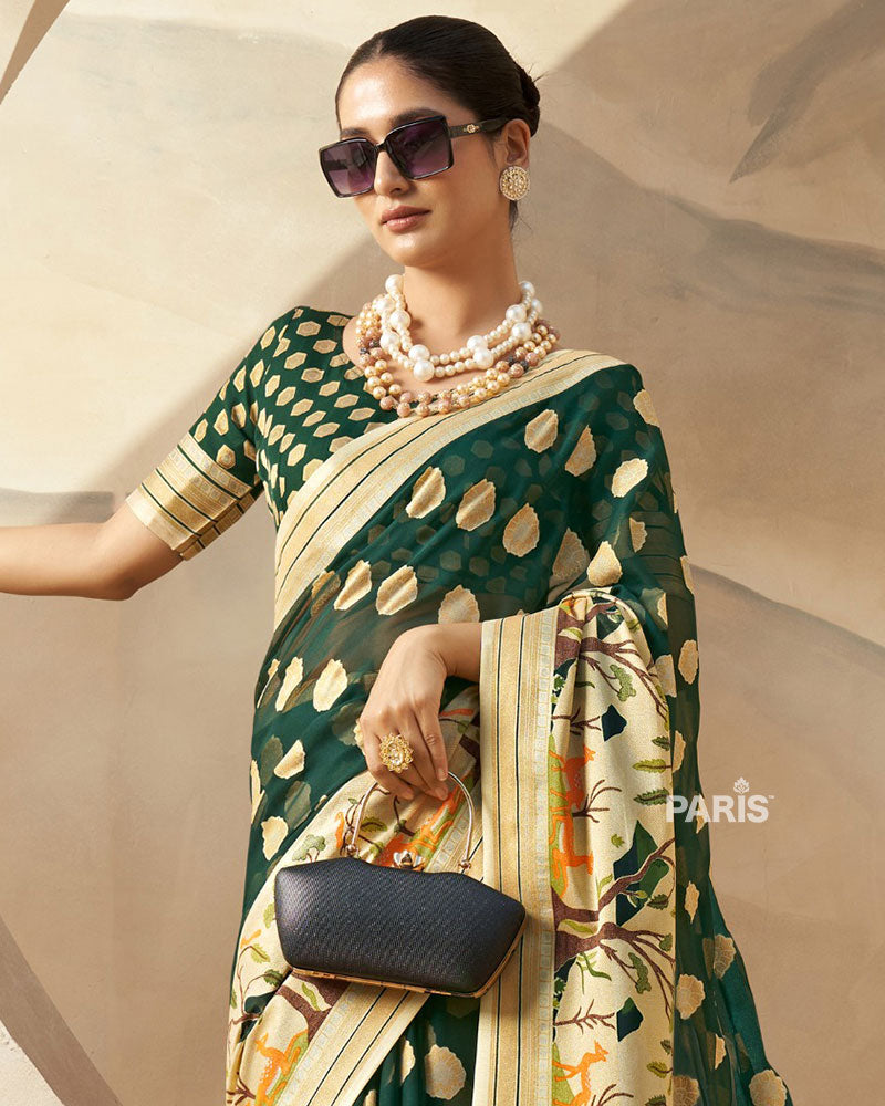 Dark Green with Golden Polka Dots, Nature-Inspired Print Border Georgette Saree and Unstitched Blouse