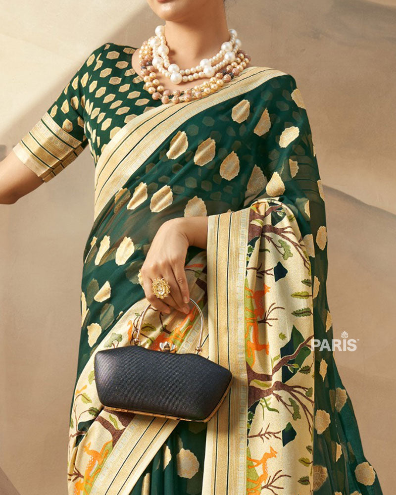 Dark Green with Golden Polka Dots, Nature-Inspired Print Border Georgette Saree and Unstitched Blouse
