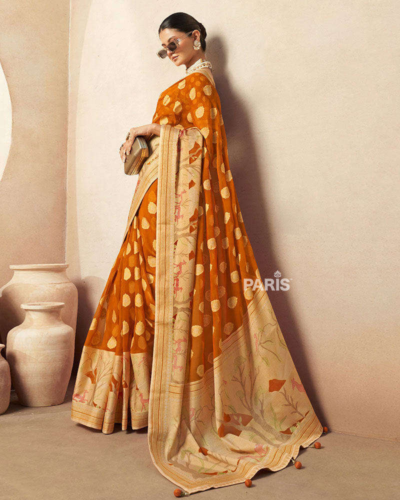 Tuscany Yellow with Golden Polka Dots, Nature-Inspired Print Border Georgette Saree and Unstitched Blouse