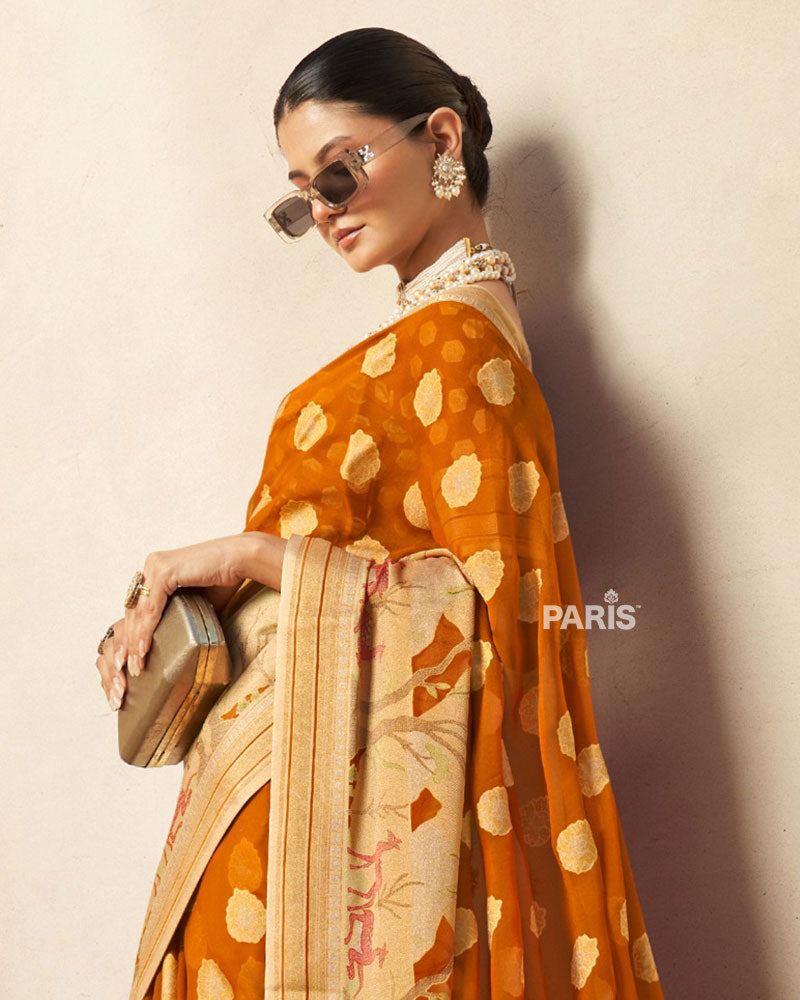 Tuscany Yellow with Golden Polka Dots, Nature-Inspired Print Border Georgette Saree and Unstitched Blouse