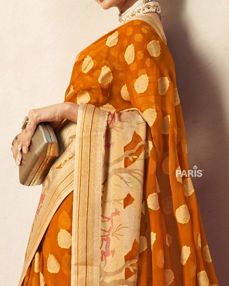 Tuscany Yellow with Golden Polka Dots, Nature-Inspired Print Border Georgette Saree and Unstitched Blouse