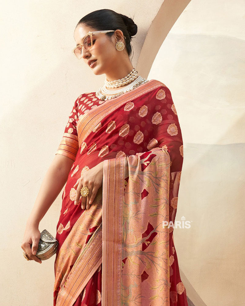 Red with Golden Polka Dots, Nature-Inspired Print Border Georgette Saree and Unstitched Blouse