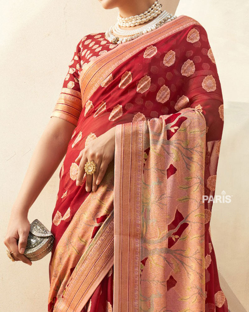 Red with Golden Polka Dots, Nature-Inspired Print Border Georgette Saree and Unstitched Blouse