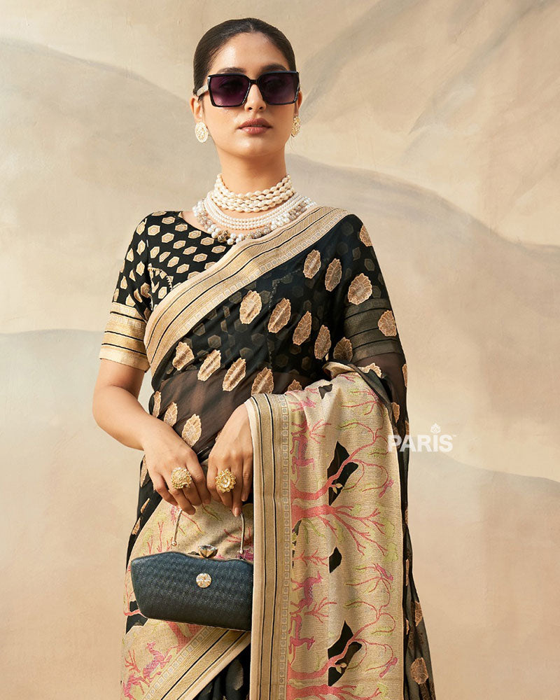 Black with Golden Polka Dots, Nature-Inspired Print Border Georgette Saree and Unstitched Blouse