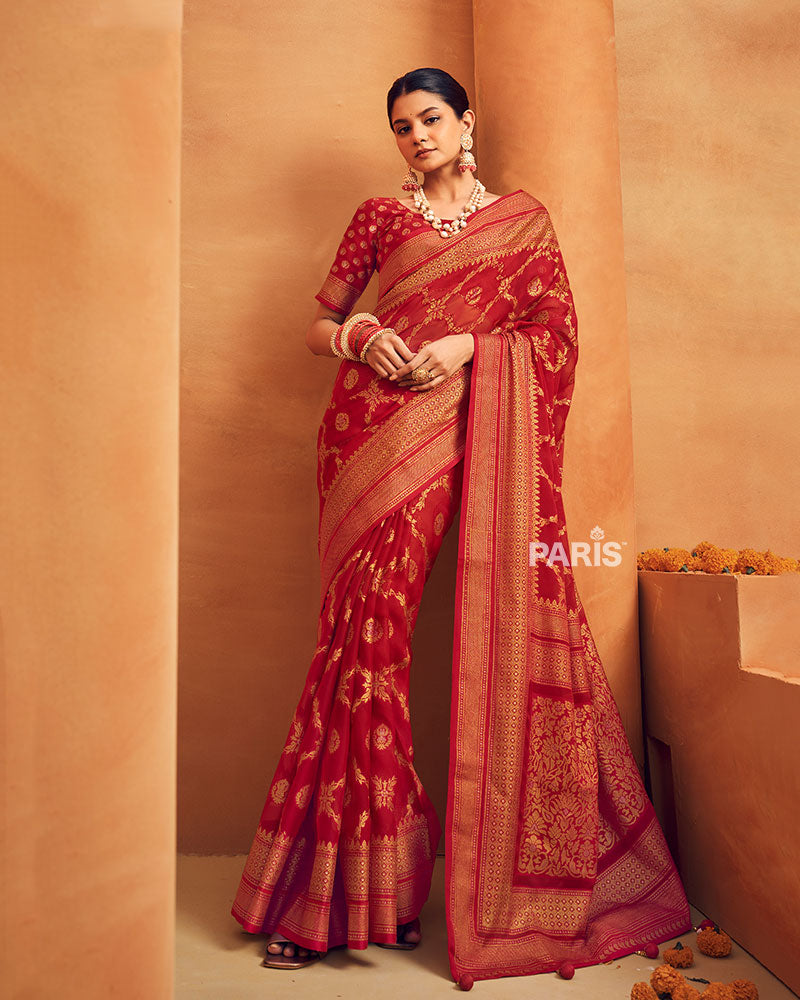 Red Printed Georgette Saree with Golden Border